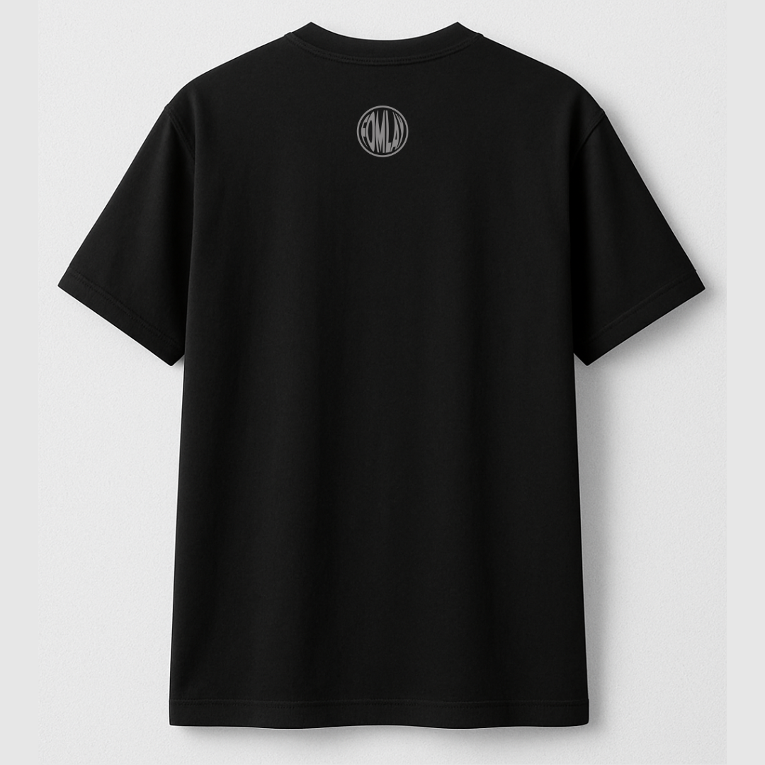 Black t-shirt with a logo on the back against a light gray background