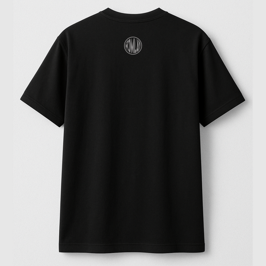 Black t-shirt with a logo on the back against a light gray background