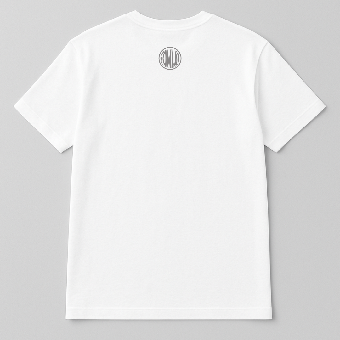 White t-shirt with a circular logo on the back against a gray background