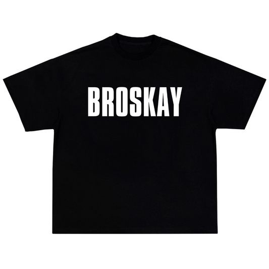 Black t-shirt with 'BROSKAY' printed in white on a white background