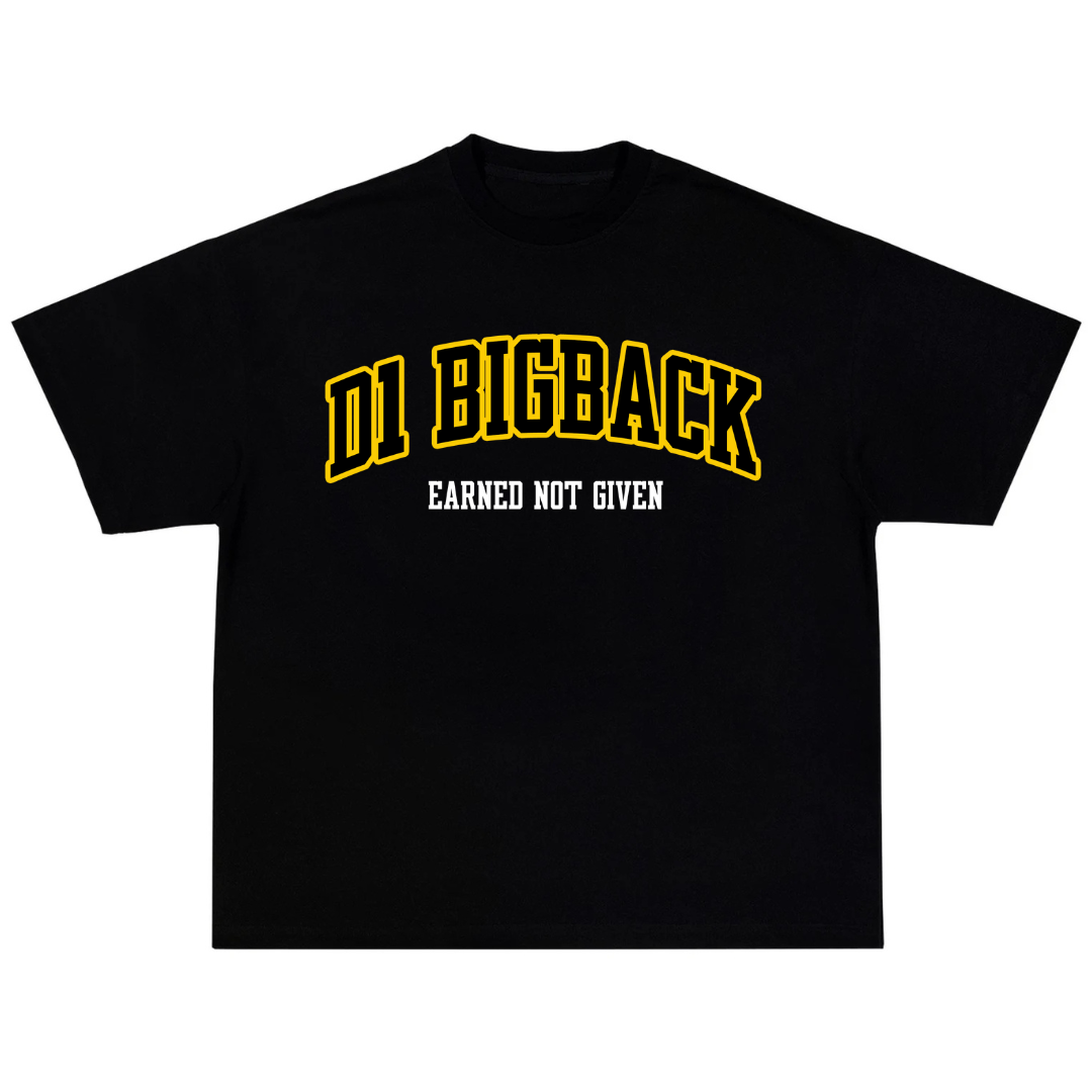 Black t-shirt with yellow and white text on a white background