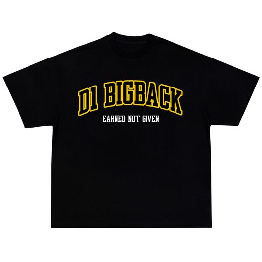 Black t-shirt with yellow and white text on a white background