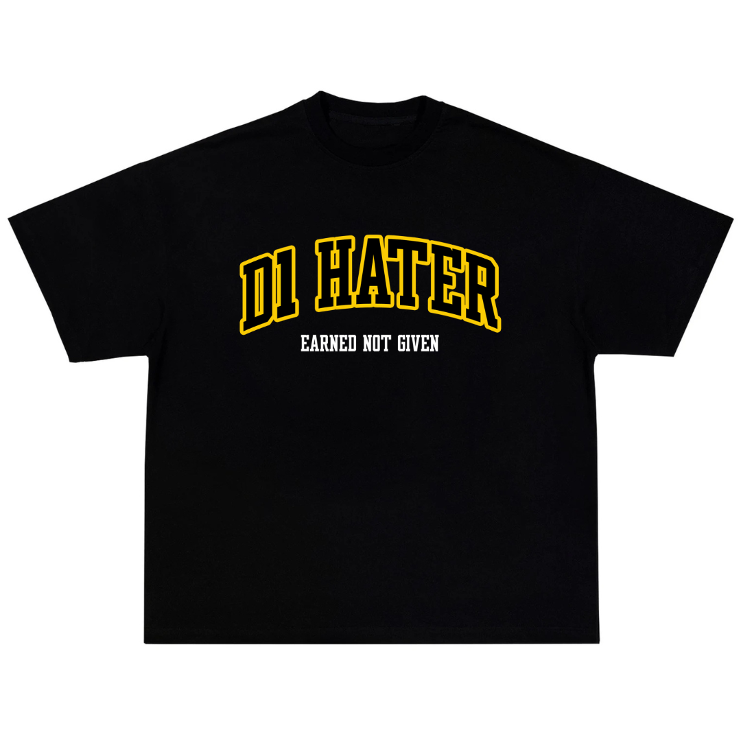 Black t-shirt with yellow and white text on a white background with text, "D1 Hater"