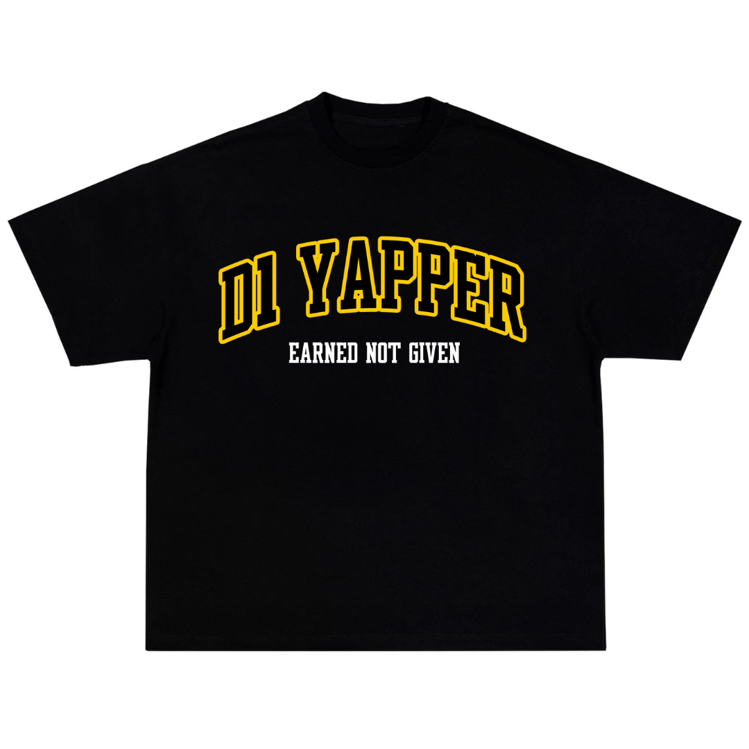 Black t-shirt with yellow and white text on a white background