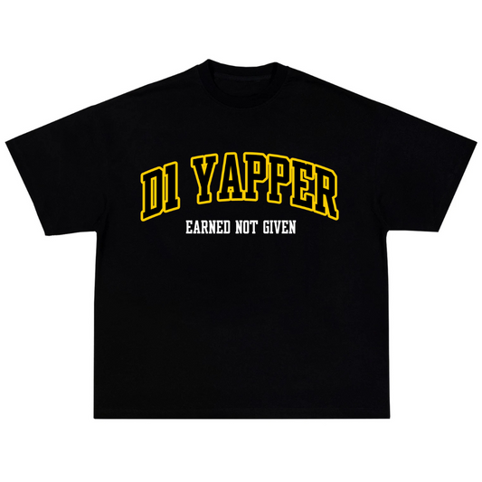 Black t-shirt with yellow and white text on a white background