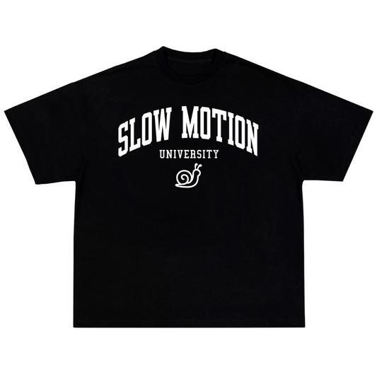 Black t-shirt with 'Slow Motion University' text on a white background