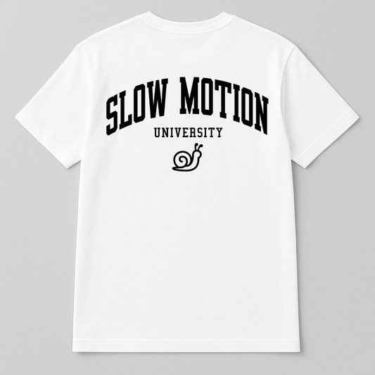 White t-shirt with 'Slow Motion University' text on a gray background