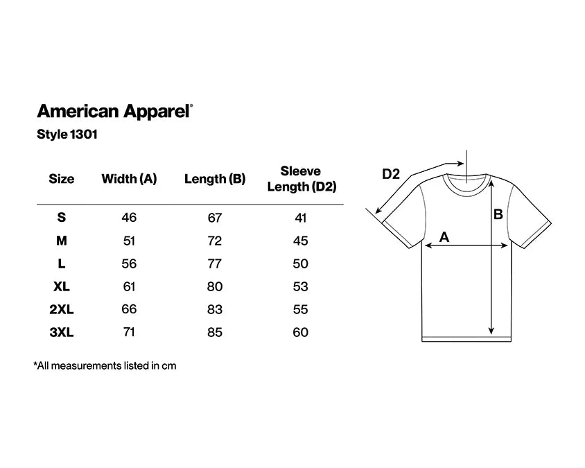 American Apparel size chart for Style 1301 with measurements in centimeters.