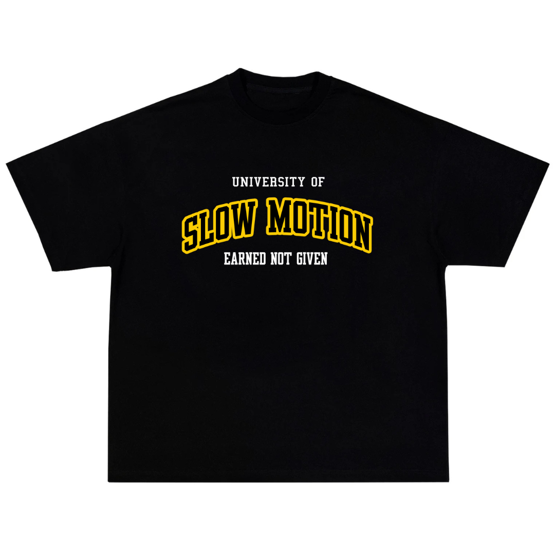 Black t-shirt with yellow and white text on a white background