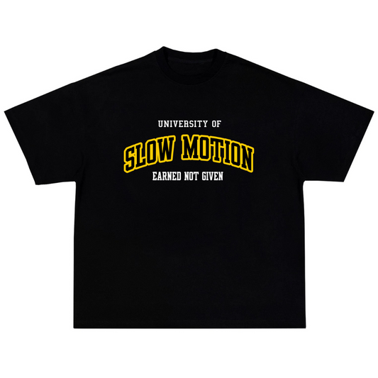 Black t-shirt with yellow and white text on a white background