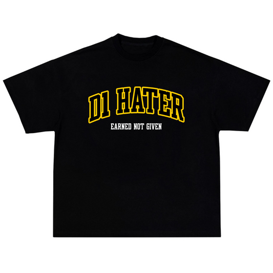 Black t-shirt with yellow and white text on a white background with text, "D1 Hater"