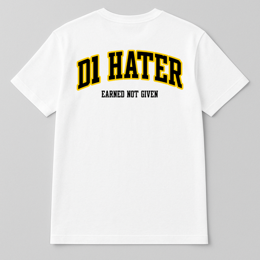 White t-shirt with 'DI HATER' text in yellow and black on a gray background